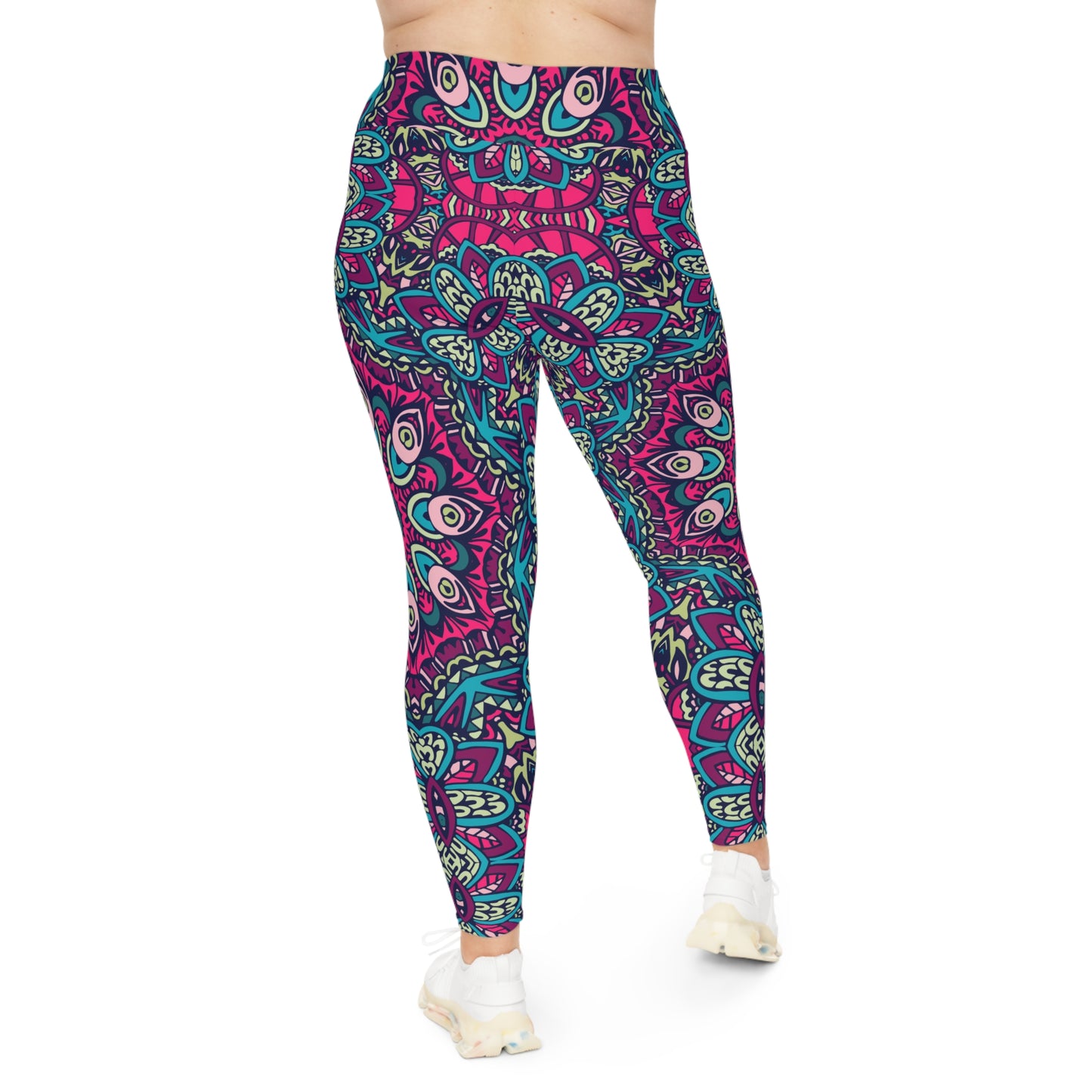 Boho Chic: Red and Blue All-Over Print Plus Size Leggings for Trendsetters