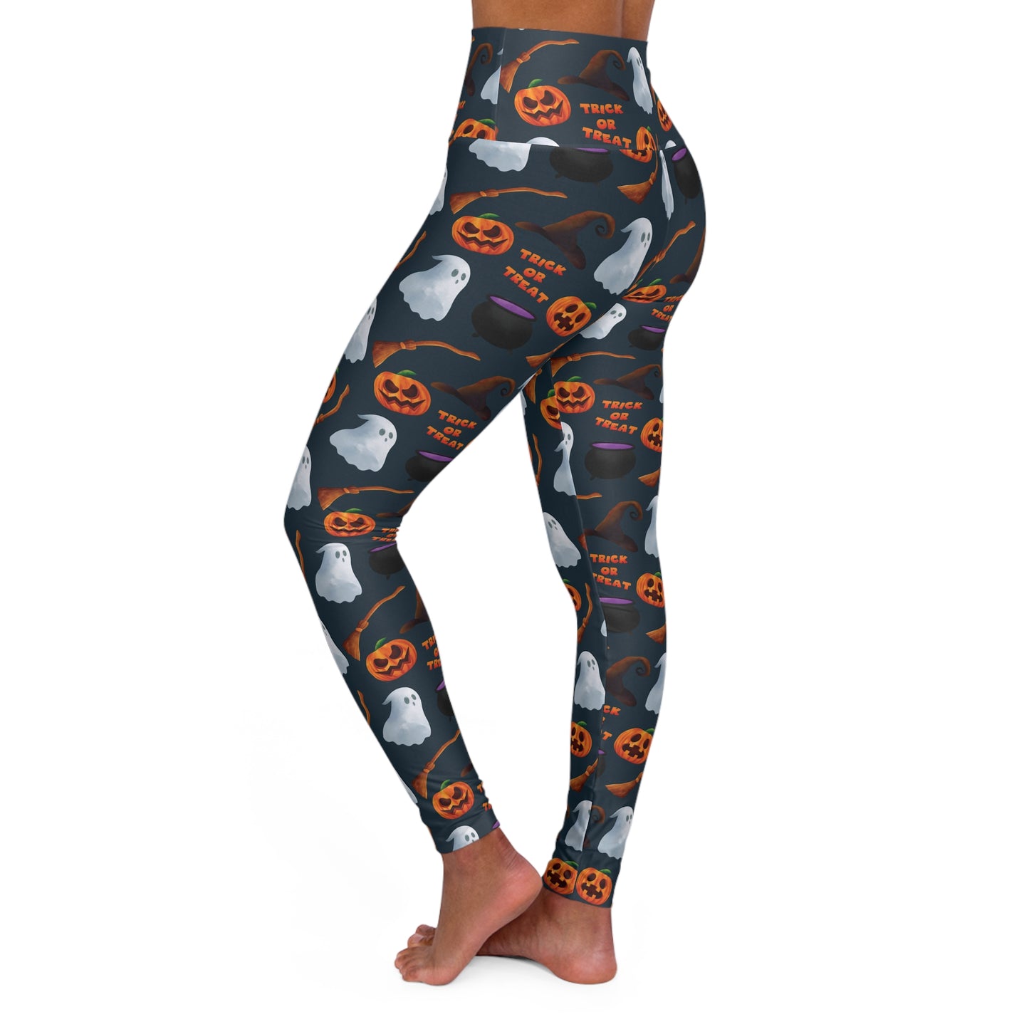 Halloween Trick or Treat Ghosts Witch Hats Jack o Lanterns High Waisted Yoga Leggings (AOP) Gifts for Her