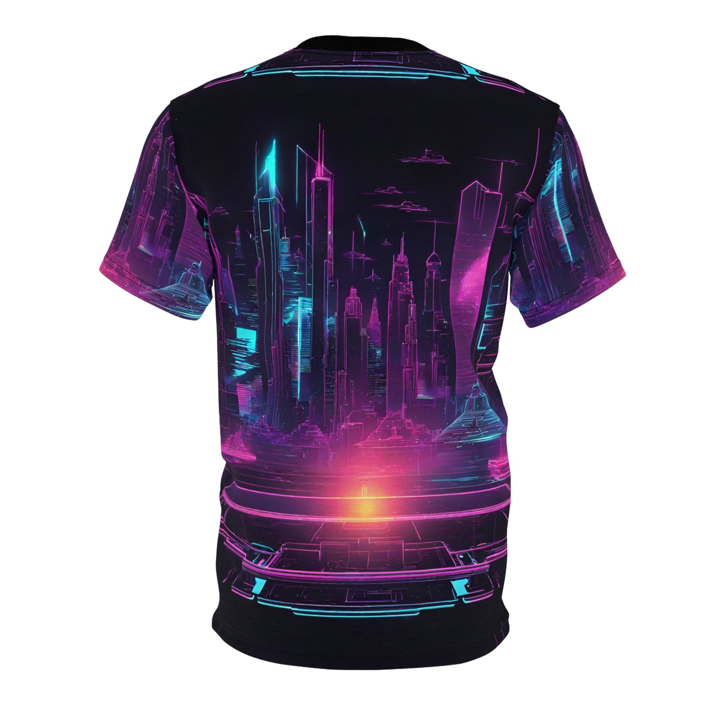 Futuristic Neon City Unisex Tee, Retro Graphic Shirt, Sci-Fi Fashion Top, Gift for Tech Lovers, AOP T-Shirt