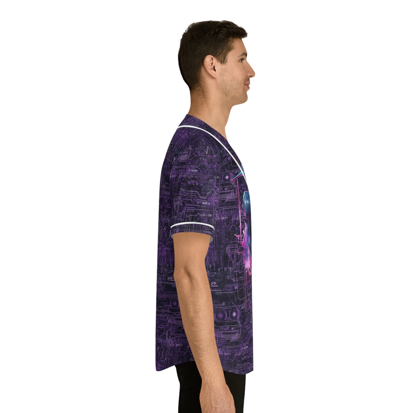 CyberPunk Cybernetic Skull breaking through a Purple Neon Circuit Board Men's Baseball Jersey (AOP)