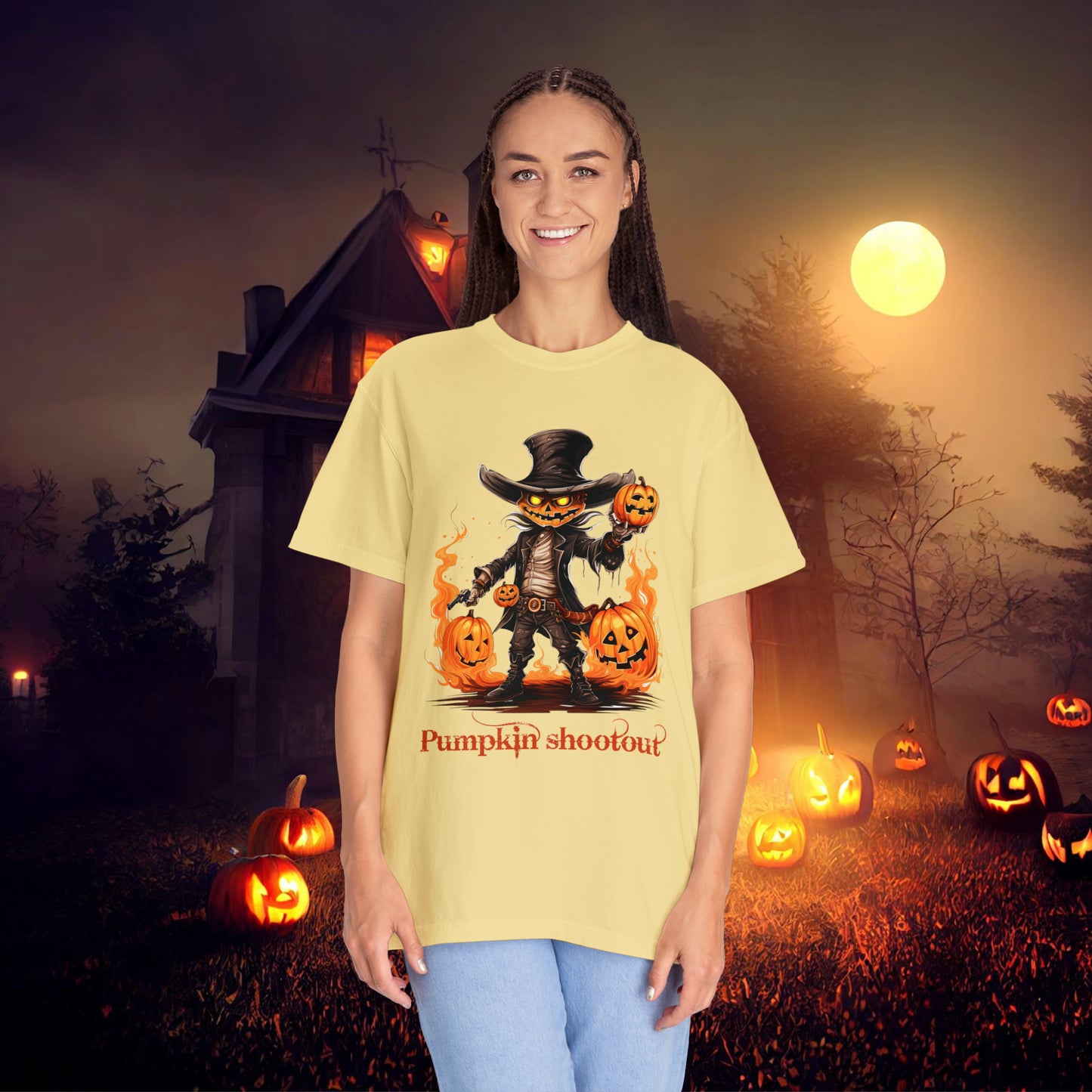 Cowboy Skeleton Gunslinger Pumpkin Shoot Out Halloween Unisex Garment-Dyed T-shirt Gifts for her Gifts for him