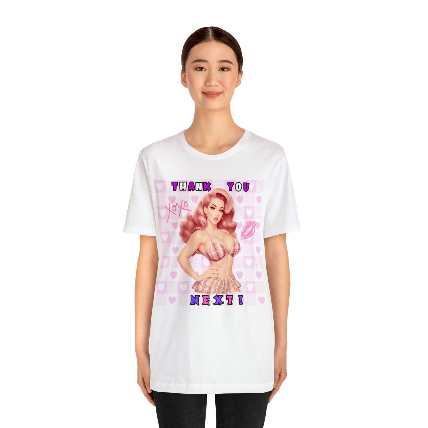 Timeless Elegance: Vintage Pink Pinup Girl "Thank You Next" on a Bella+Canva 3001 Unisex Jersey T-Shirt - A Must-Have Gift for her