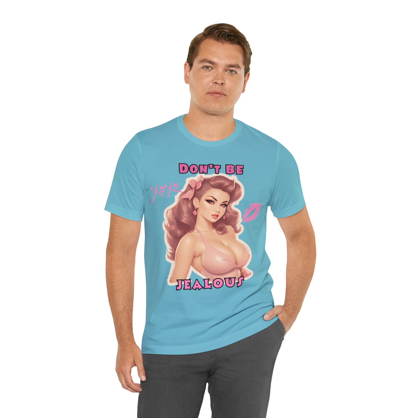 Timeless Elegance: Vintage Pink Pinup Girl "Don't Be Jealous" on a Bella+Canva 3001 Unisex Jersey T-Shirt - A Must-Have Gift for her