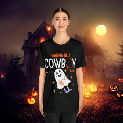 Little Ghost Saying I wanna be a cowboy baby Retro Groovy Western Halloween Unisex Jersey Short Sleeve Tee Gifts for Him Gifts for her.