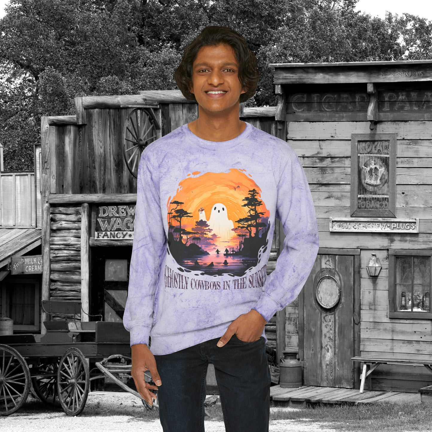 Ghostly Cowboys In the Sunset Western Halloween Unisex Color Blast Crewneck Sweatshirt Gifts for Her Gifts for Him