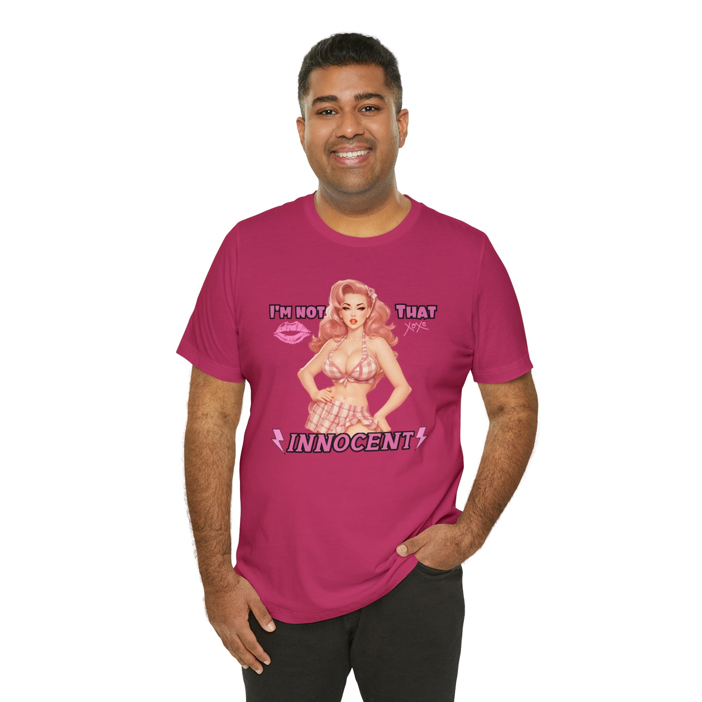 Timeless Elegance: Vintage Pink Pinup Girl "I'm not that Innocent on a Bella+Canva 3001 Unisex Jersey T-Shirt - A Must-Have Gift for her