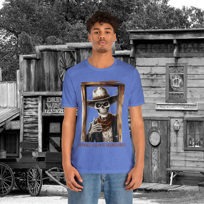 Spooky Saloon Showdown Gunslinging Skeleton Cowboy Halloween Unisex Jersey Short Sleeve Tee