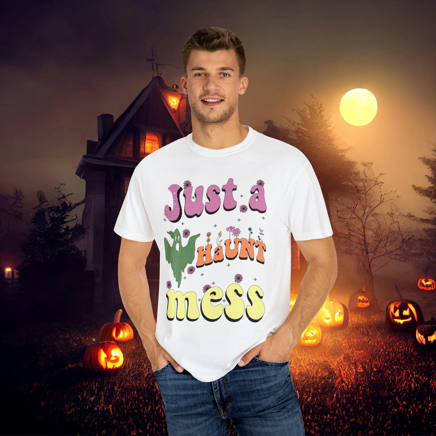 Just a Haunt Mess Retro Halloween Unisex Garment-Dyed T-shirt Gifts for Her Gifts for him