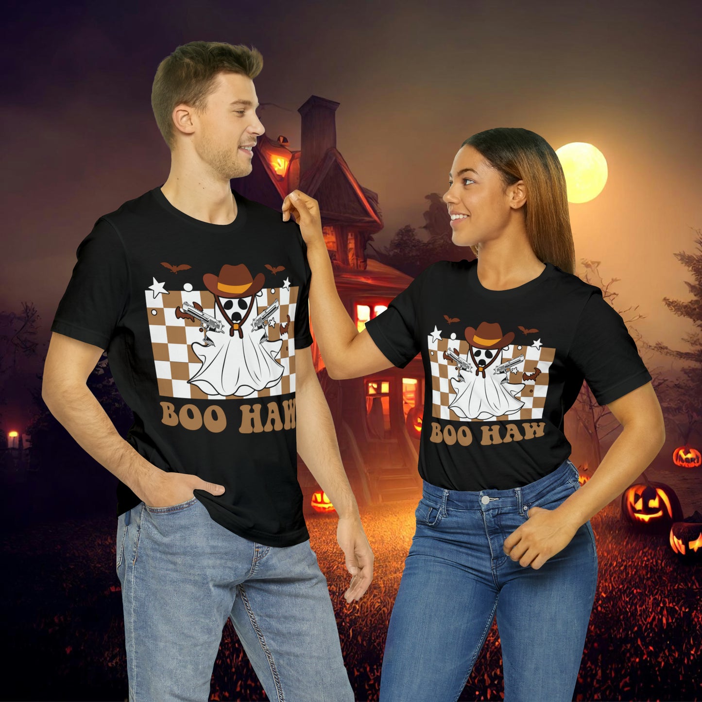 Cowboy Gunslinging Ghost saying Boo Haw Retro Western Halloween Unisex Jersey Short Sleeve Tee Gifts for Him Gifts for Her