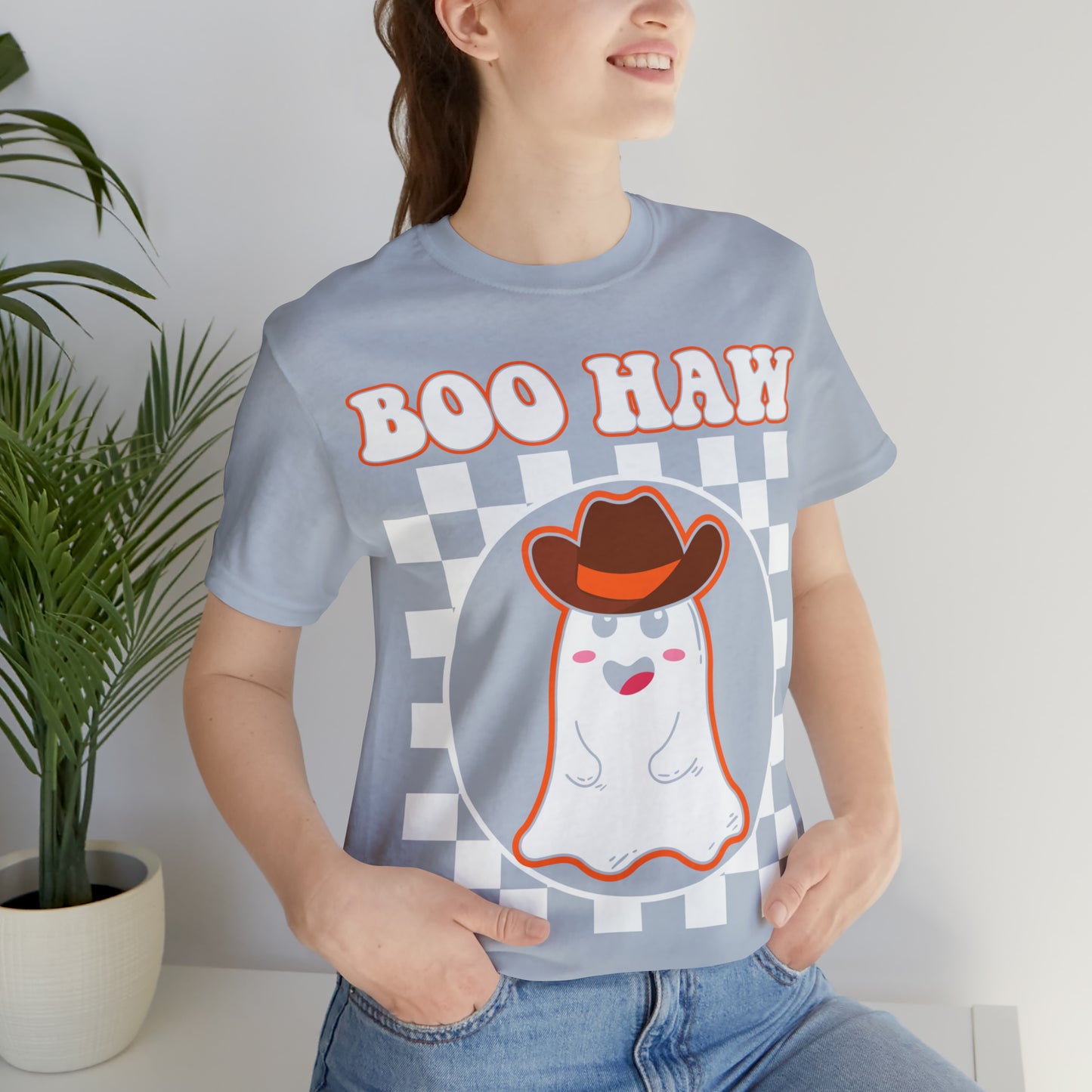 Cute Cowboy Ghost Saying Boo Haw Retro Groovy Western Halloween Unisex Jersey Short Sleeve Tee Gifts for Him Gifts For Her