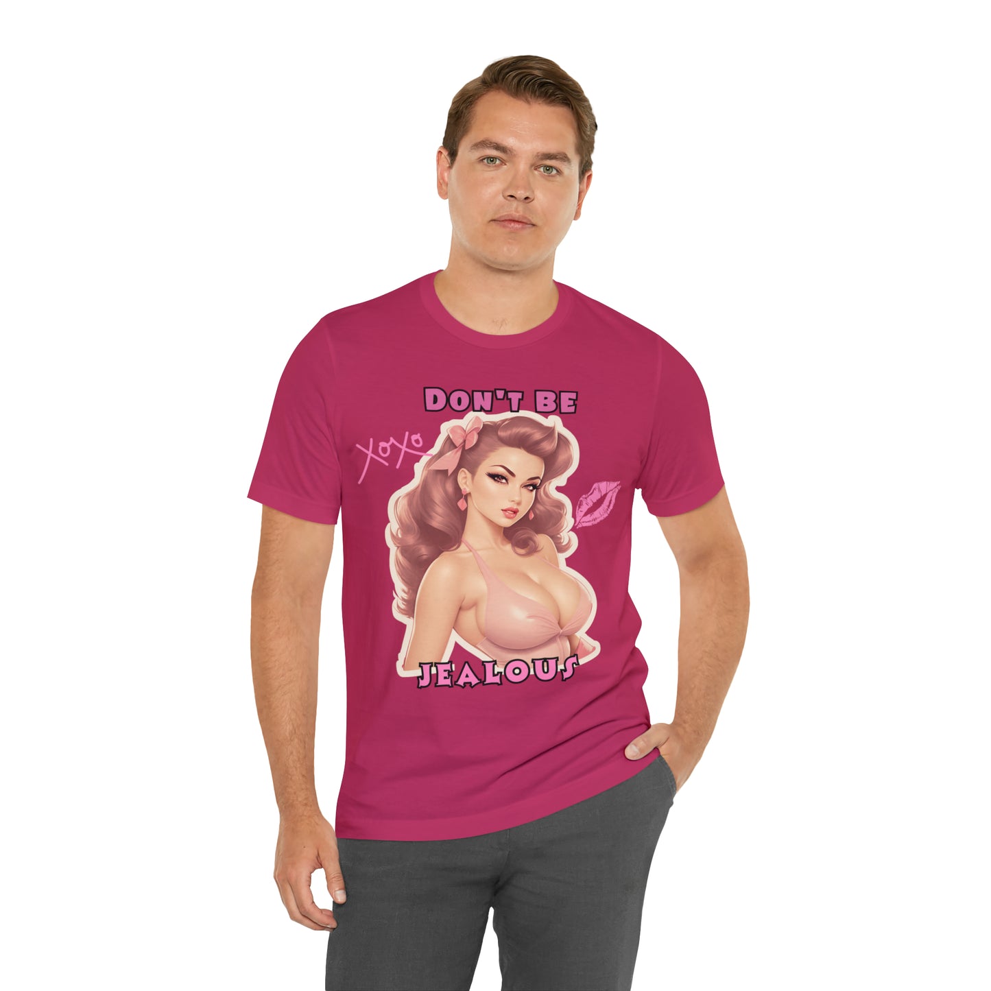 Timeless Elegance: Vintage Pink Pinup Girl "Don't Be Jealous" on a Bella+Canva 3001 Unisex Jersey T-Shirt - A Must-Have Gift for her