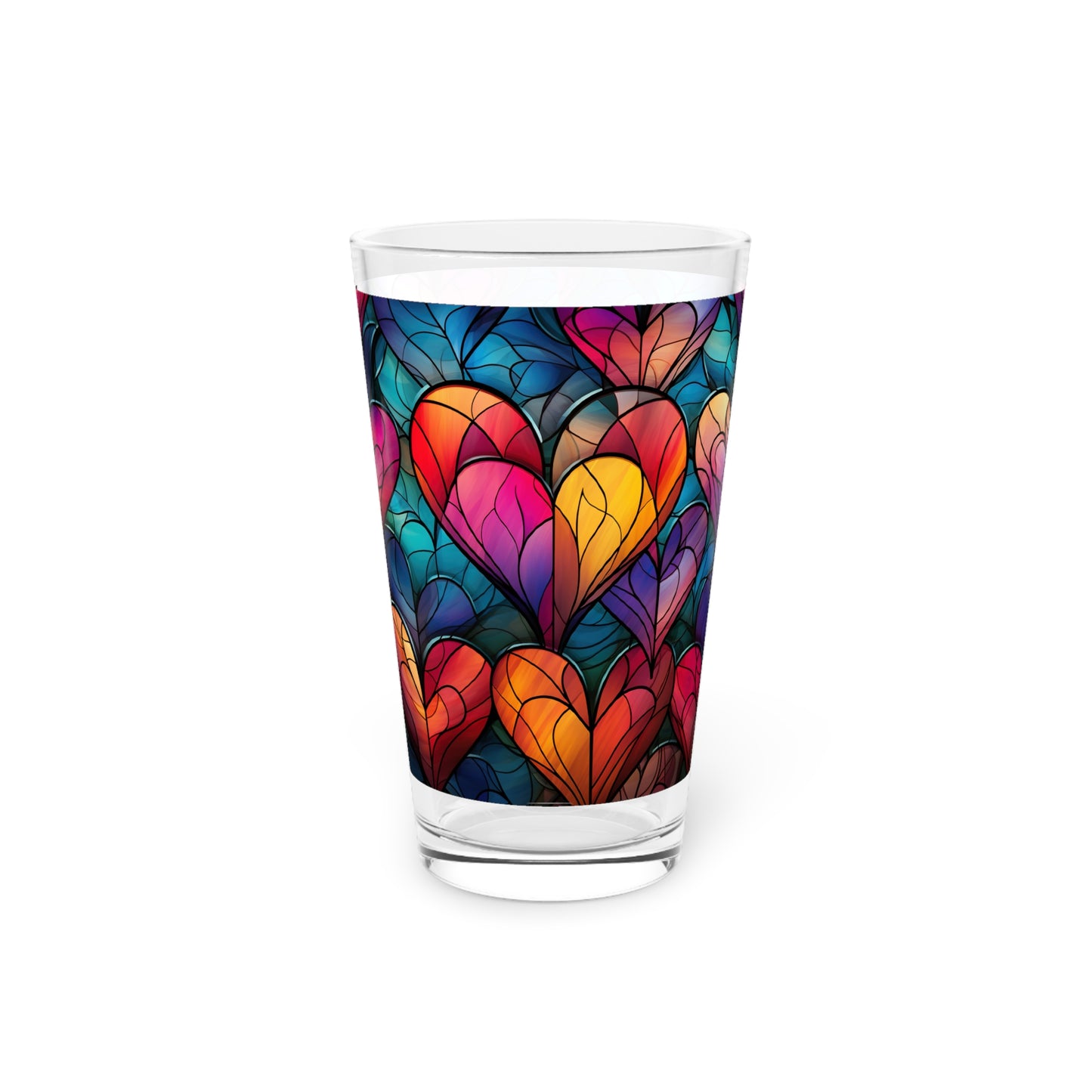 Love in Full Spectrum: A Vibrant Rainbow Heart Stained Glass artwork on a 16oz Pint Glass Gift idea gifts for home decor housewarming gift