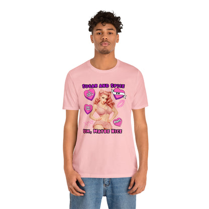 Sarcastic Elegance: Vintage Pink Pinup Girl "Sugar and Spice" on a Bella+Canva 3001 Unisex Jersey T-Shirt - A Must-Have Gift for her