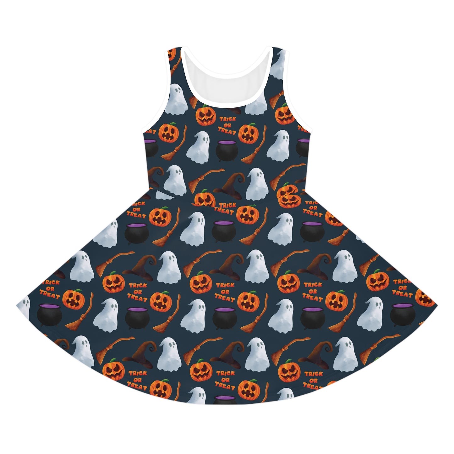 Halloween Trick or Treat Ghosts Witch Hats Jack o Lanterns Girls' Sleeveless Sundress (AOP)