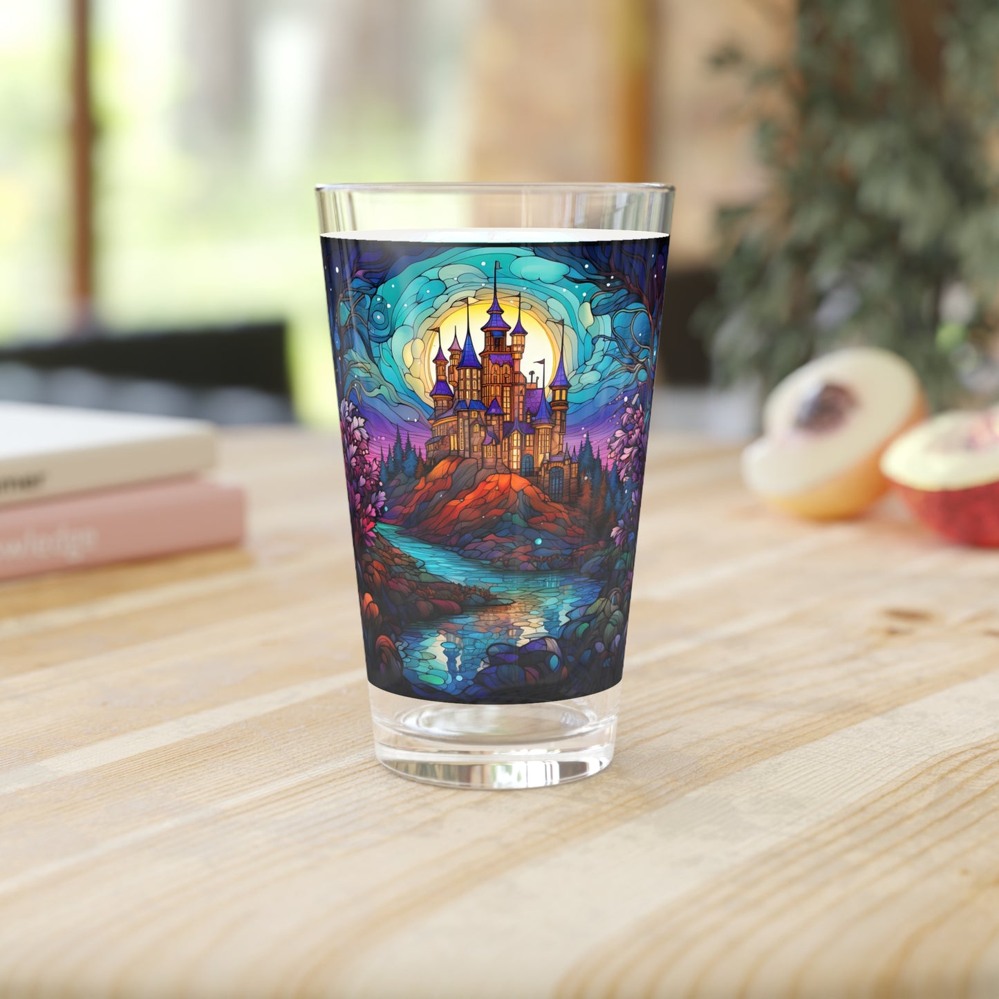 Enchanted Castle by the Creek: A Magical Stained Glass Artwork on a 16oz Pint Glass Gift idea, gifts for home decor, housewarming gift