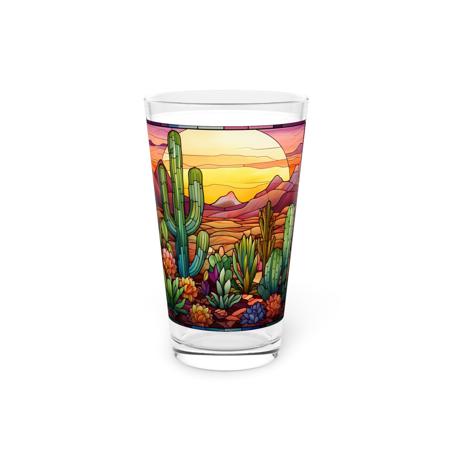 Desert Cactus Bloom: A Stained Glass Tribute to Cacti 16oz Pint Glass Gift idea gifts for home decor housewarming gift