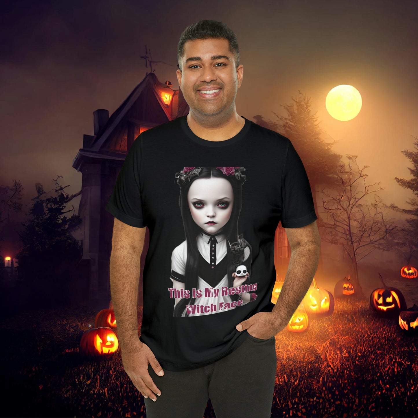 Wednesday Addams Chibi by Charlie Bowater This Is my Resting Witch Face Halloween Unisex Jersey Short Sleeve Tee