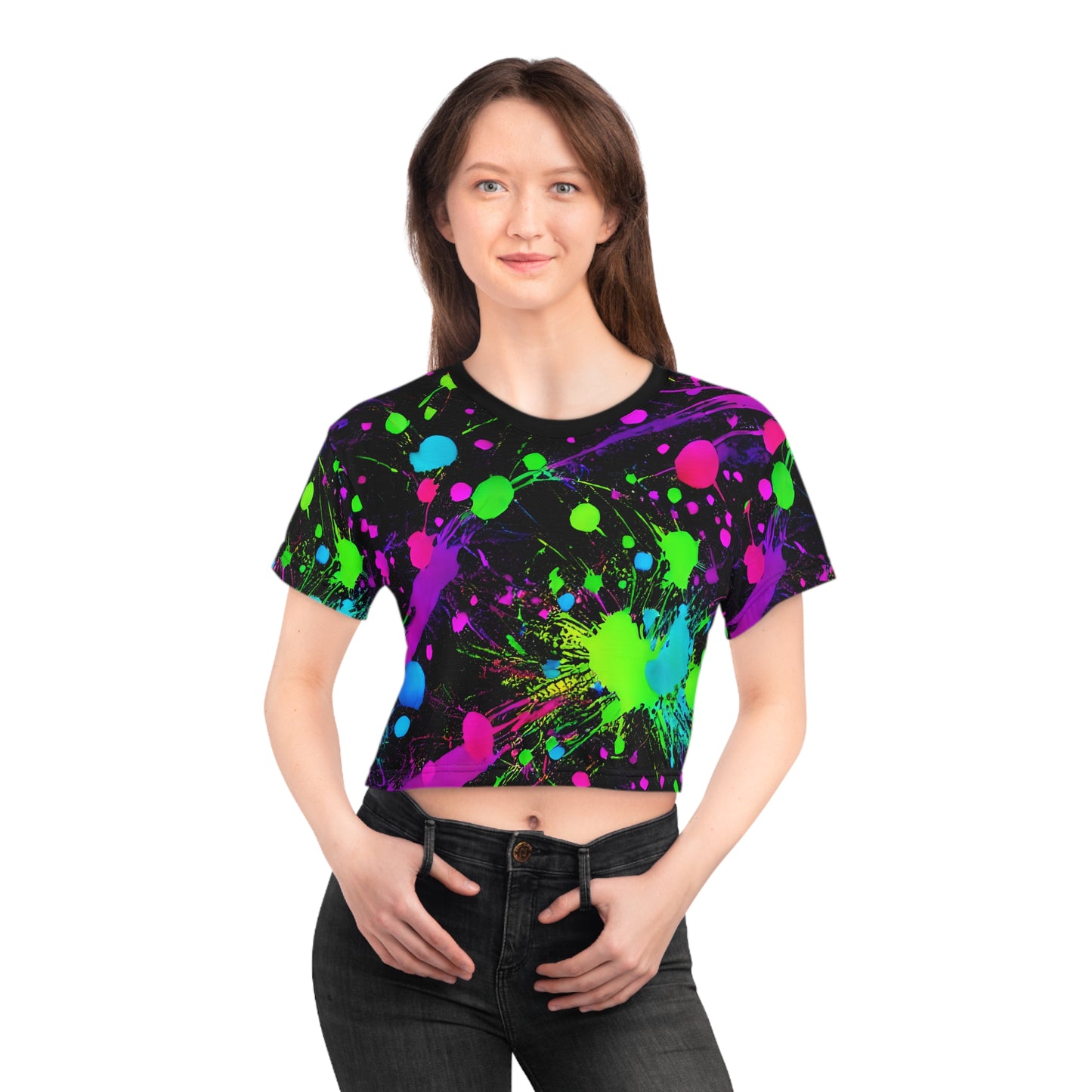 "Green and Pink Paint Splatter Crop Tee (AOP) - Trendy and Vibrant Statement Piece Crop Tee (AOP)