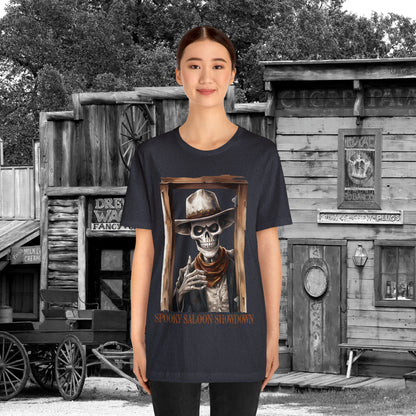 Spooky Saloon Showdown Gunslinging Skeleton Cowboy Halloween Unisex Jersey Short Sleeve Tee