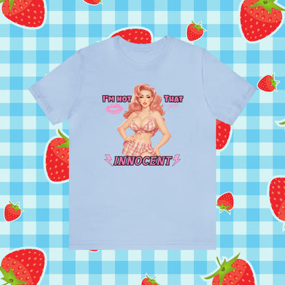Timeless Elegance: Vintage Pink Pinup Girl "I'm not that Innocent on a Bella+Canva 3001 Unisex Jersey T-Shirt - A Must-Have Gift for her