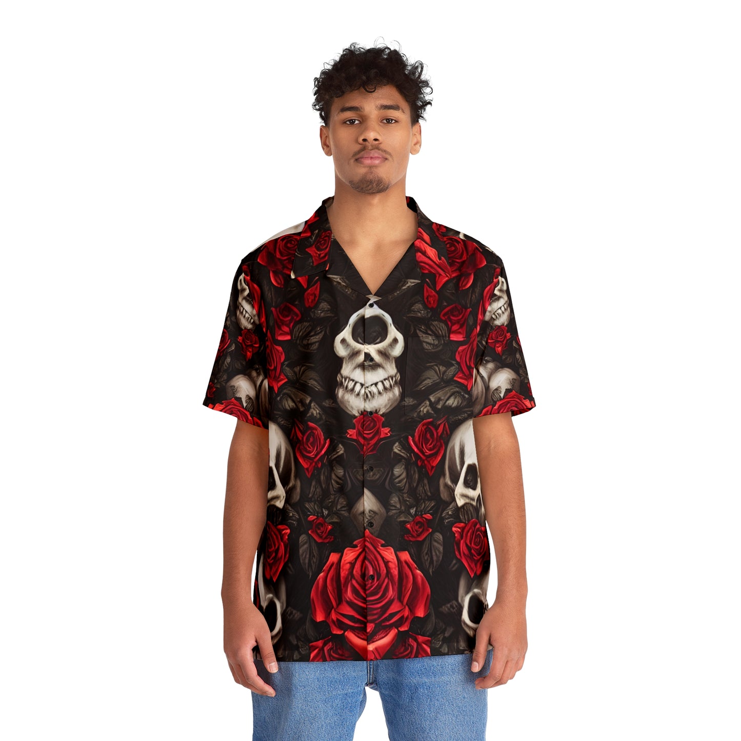 Hyper Realistic Skulls and Red Roses by artist Anne-Laure Goupil Men's Hawaiian Shirt (AOP)