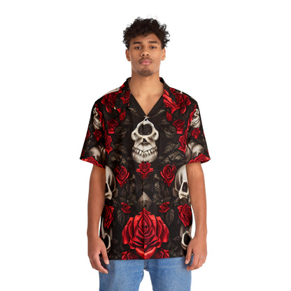 Hyper Realistic Skulls and Red Roses by artist Anne-Laure Goupil Men's Hawaiian Shirt (AOP)