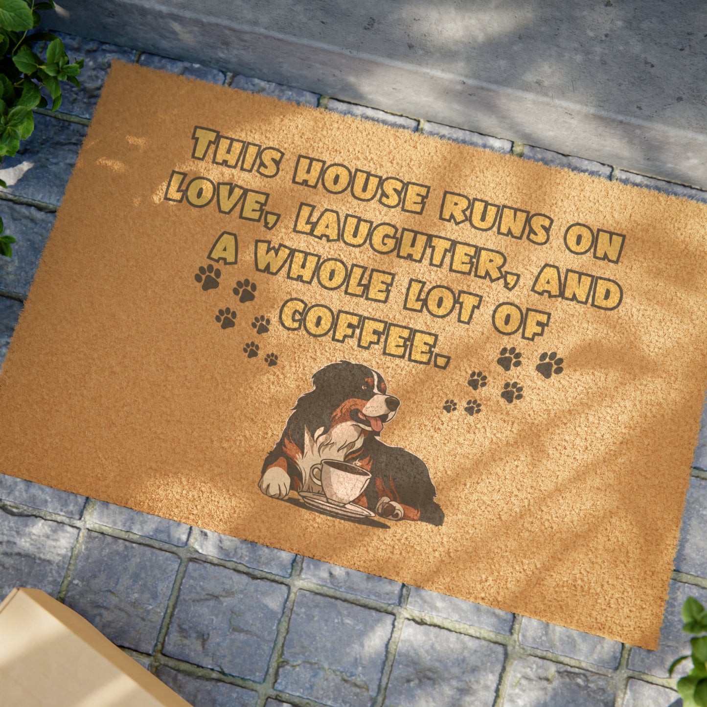 This House Runs on Love, Laughter, and Coffee' Bernese Mountain Dog Doormat | 24" x 16" | Outdoor Coir Welcome Mat