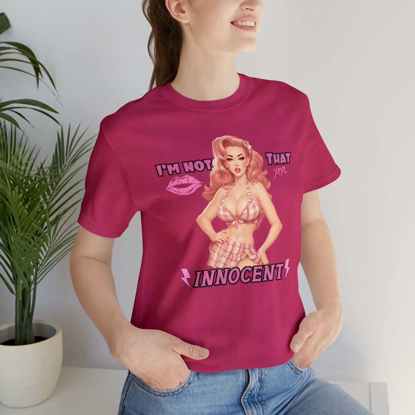 Timeless Elegance: Vintage Pink Pinup Girl "I'm not that Innocent on a Bella+Canva 3001 Unisex Jersey T-Shirt - A Must-Have Gift for her