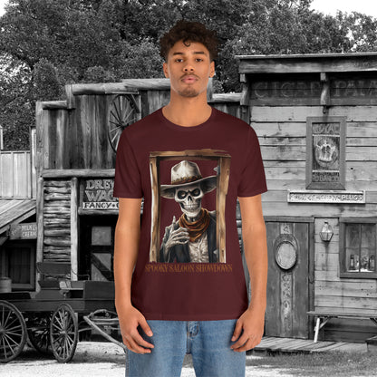 Spooky Saloon Showdown Gunslinging Skeleton Cowboy Halloween Unisex Jersey Short Sleeve Tee