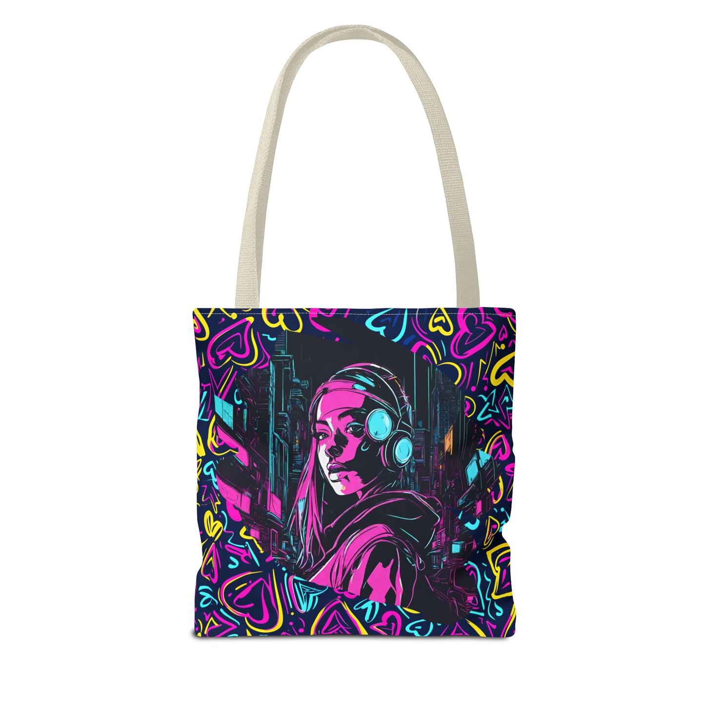 Cyberpunk Girl in Neon Graffiti Hearts AOP Tote Bag 3 sizes 5 color handle options