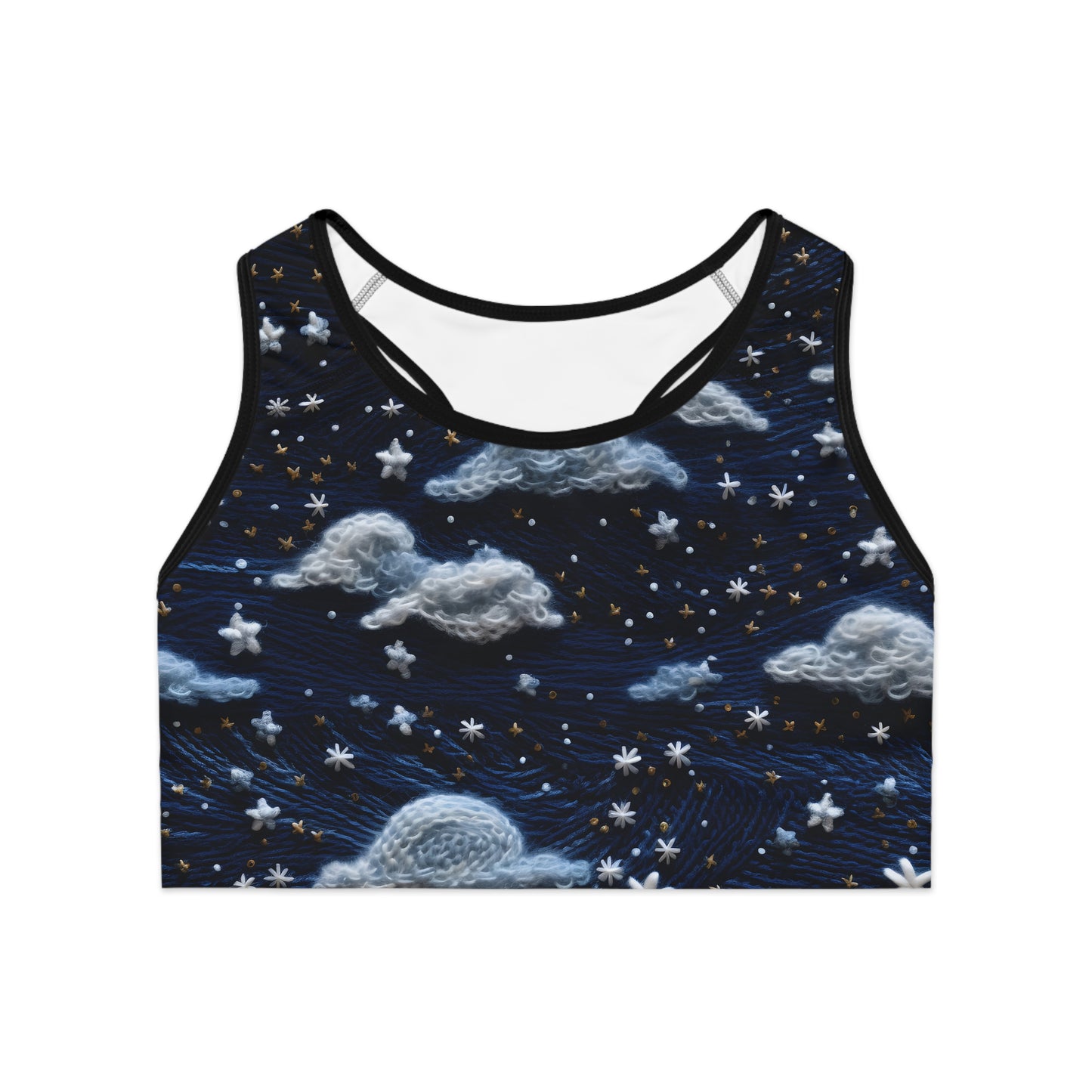 Faux Embroidered Night Sky Women's Sports Bra Stellar Style and Comfort Sports Bra (AOP)