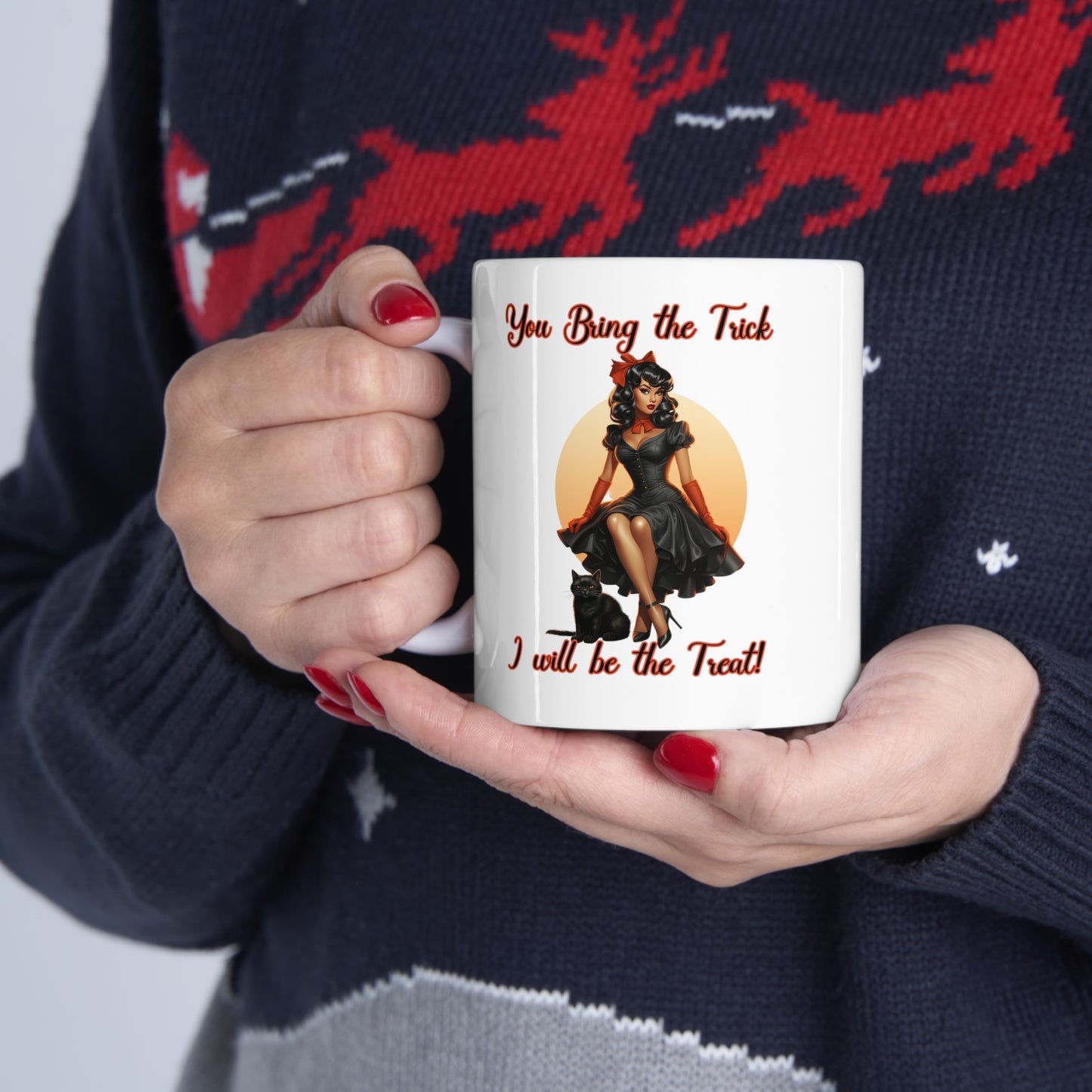 Vintage Pinup Witch: Sip Your Spells in Style "You bring the Trick I will be the Treat" Halloween Ceramic 11oz Mug gifts for her