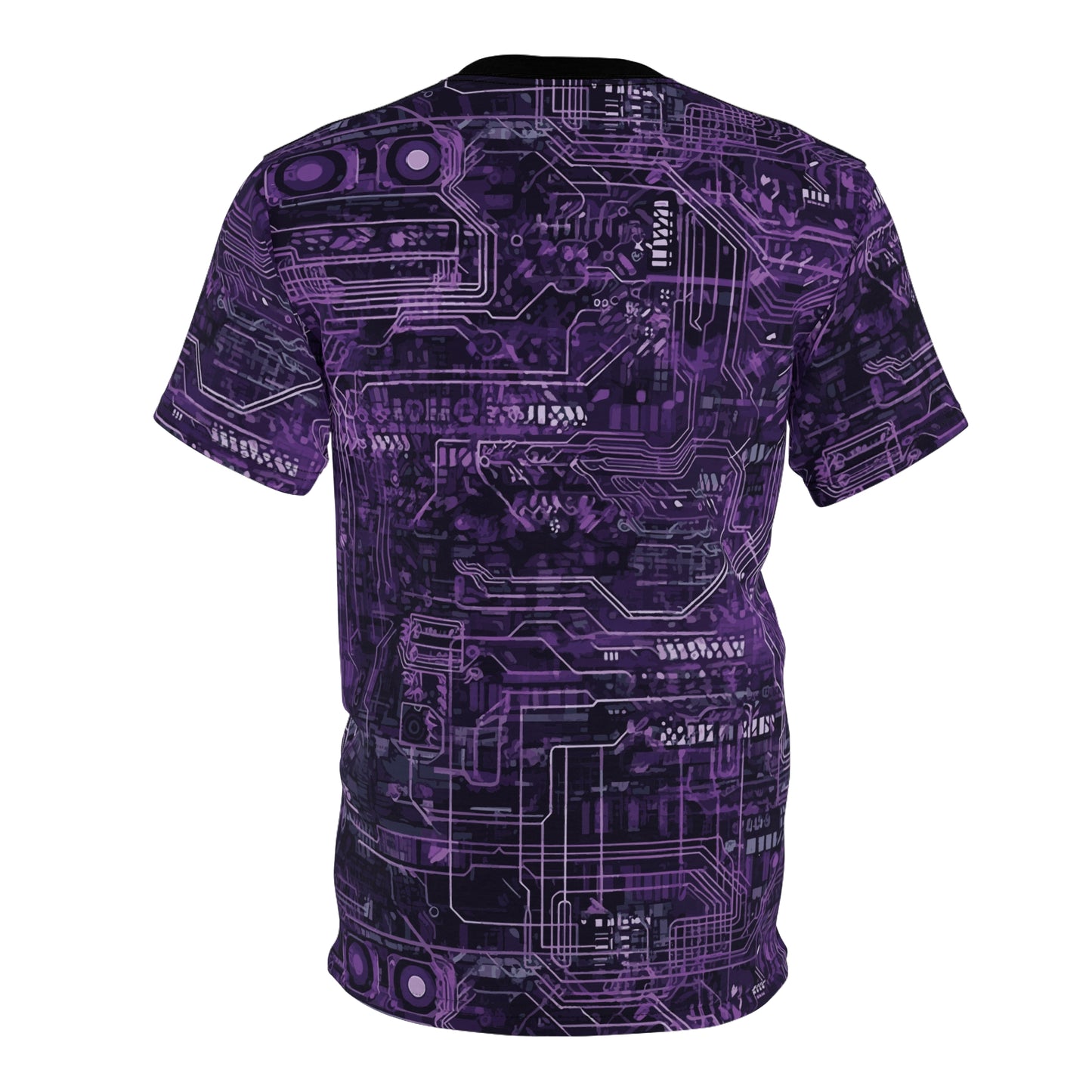 CyberPunk Cybernetic Skull breaking through a Purple Neon Circuit Board Unisex Cut & Sew Tee (AOP) Gifts for Her Gifts For Him