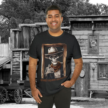 Spooky Saloon Showdown Gunslinging Skeleton Cowboy Halloween Unisex Jersey Short Sleeve Tee