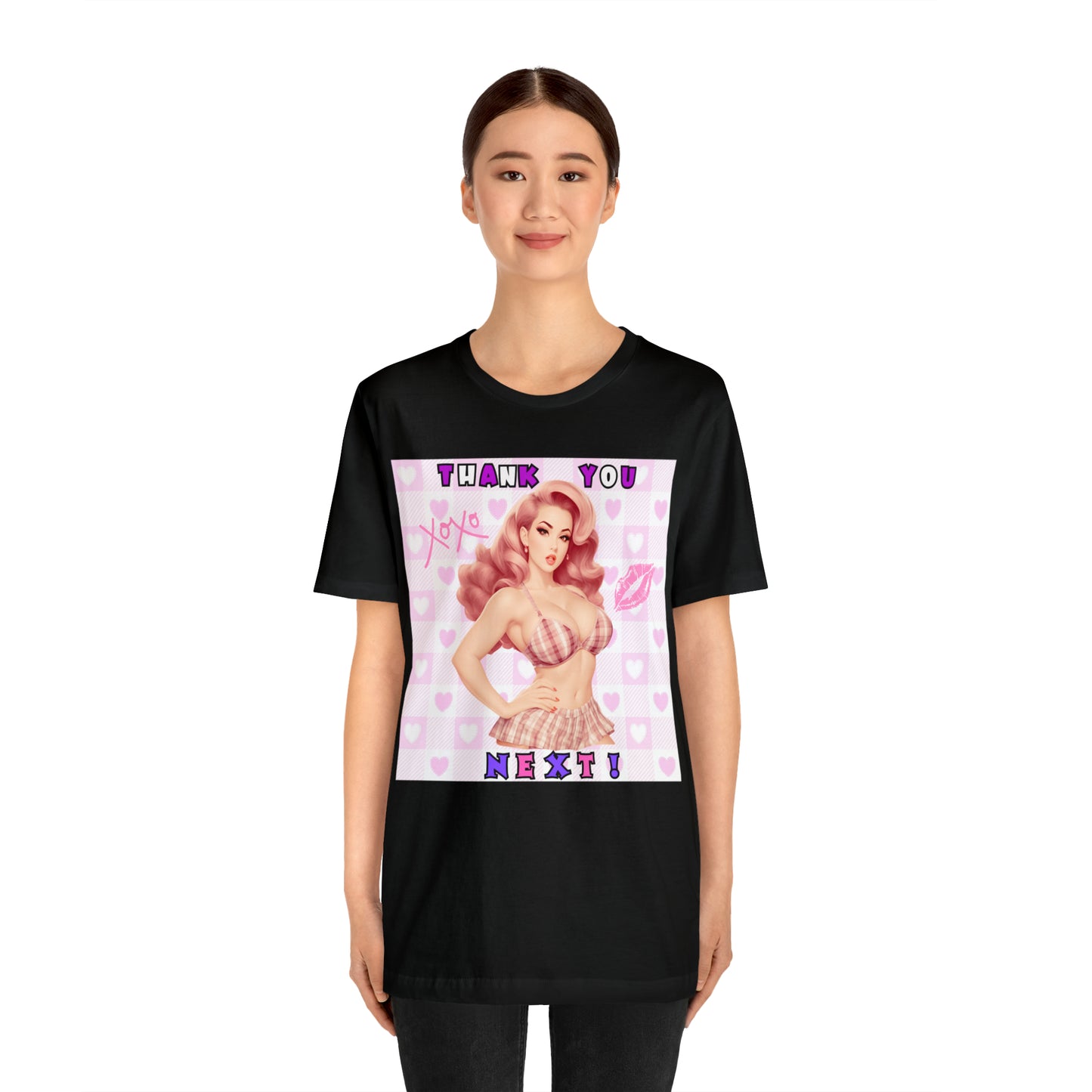 Timeless Elegance: Vintage Pink Pinup Girl "Thank You Next" on a Bella+Canva 3001 Unisex Jersey T-Shirt - A Must-Have Gift for her