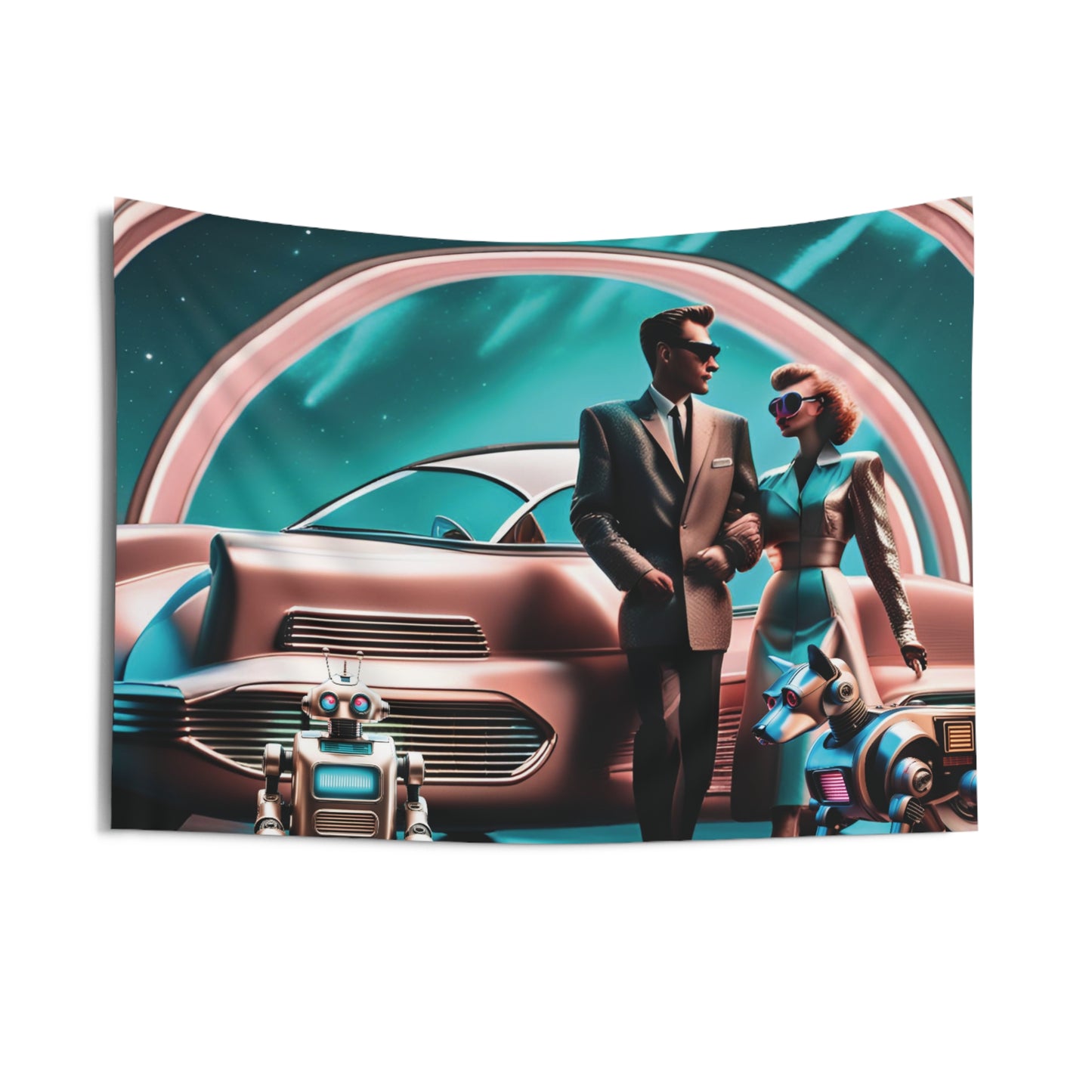 Retro-Futuristic Romance: Indoor Tapestry of a 50's Couple in a Futuristic World