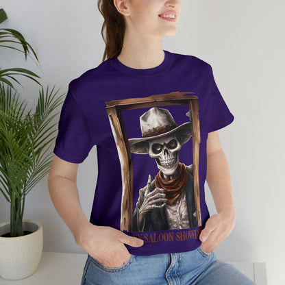 Spooky Saloon Showdown Gunslinging Skeleton Cowboy Halloween Unisex Jersey Short Sleeve Tee