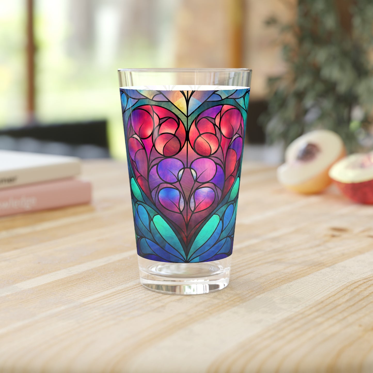 Love in Full Spectrum: A Vibrant Rainbow Heart Stained Glass artwork on a 16oz Pint Glass Gift idea gifts for home decor housewarming gift