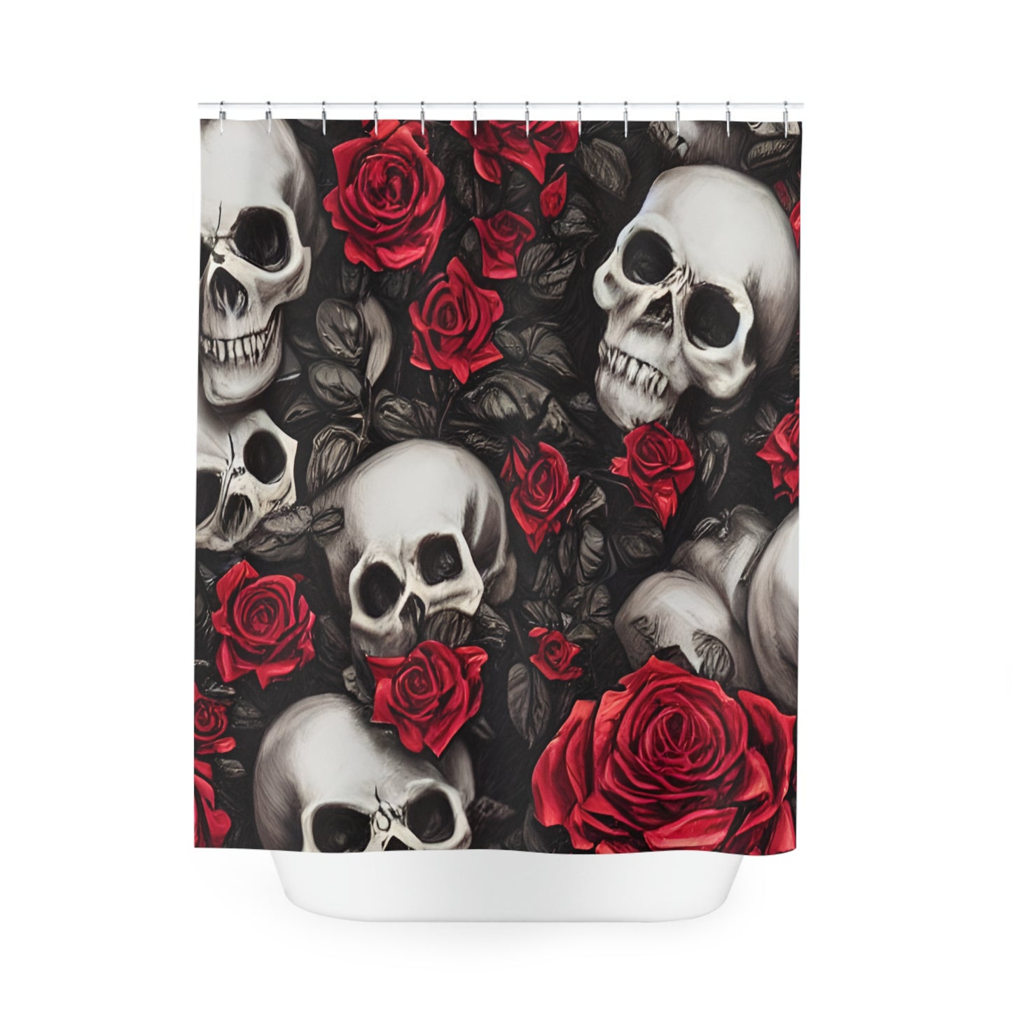 Hyper Realistic Skulls and Red Roses by artist Anne-Laure Polyester Shower Curtain