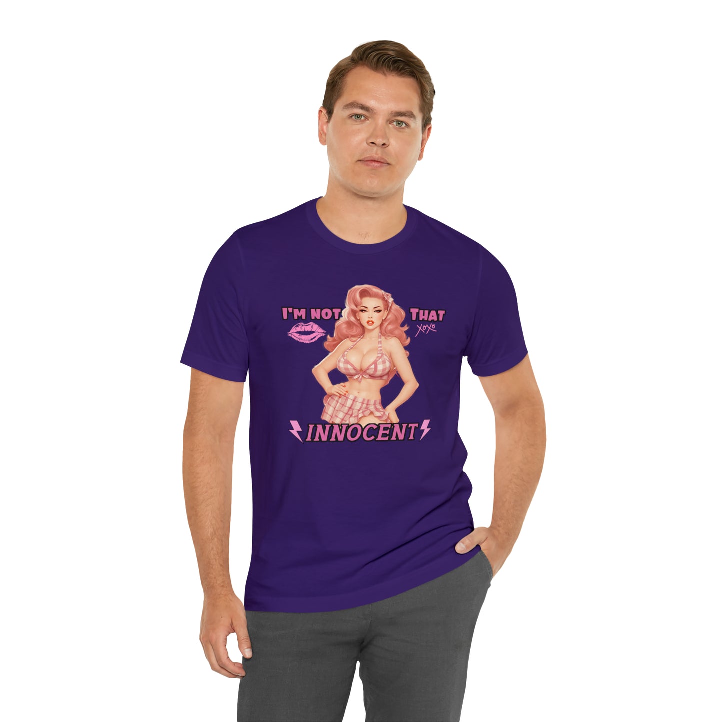 Timeless Elegance: Vintage Pink Pinup Girl "I'm not that Innocent on a Bella+Canva 3001 Unisex Jersey T-Shirt - A Must-Have Gift for her