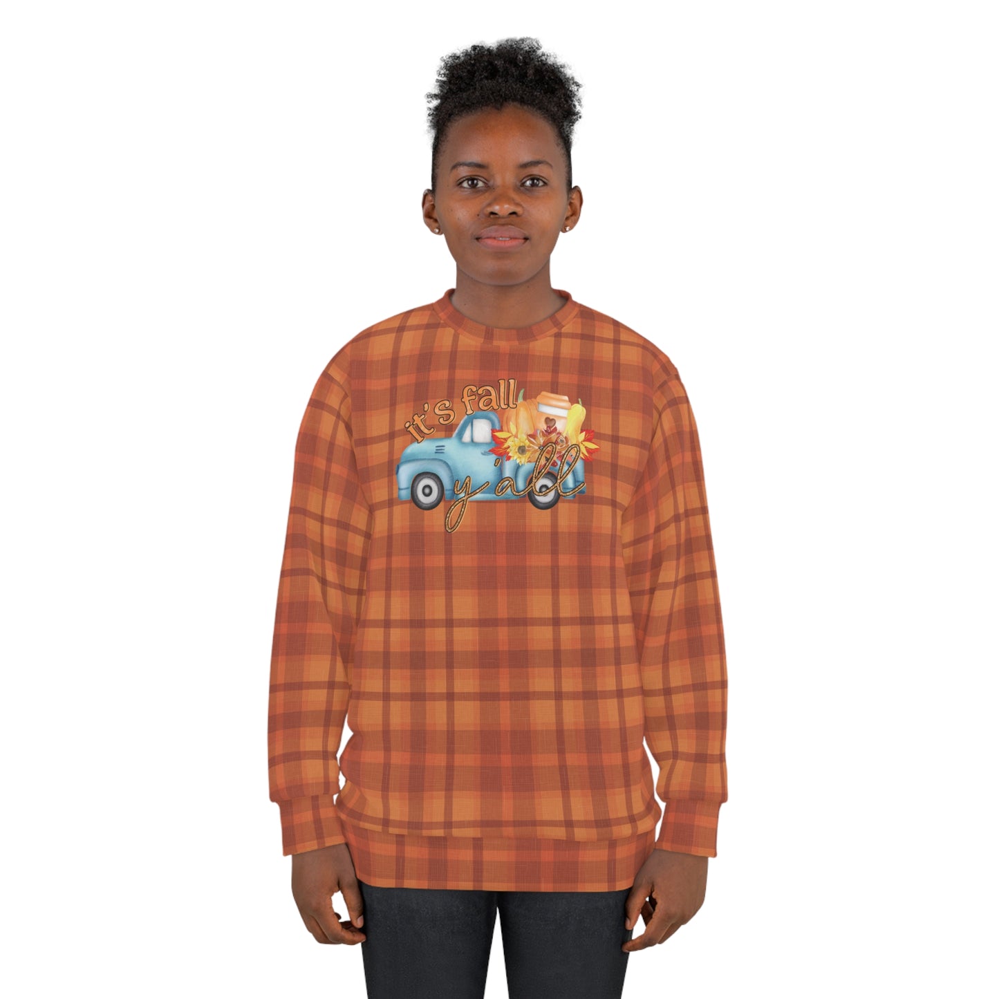 Vintage Blue Truck and Plaid Pattern Fall Unisex Sweatshirt (AOP) - Celebrate the Season in Style