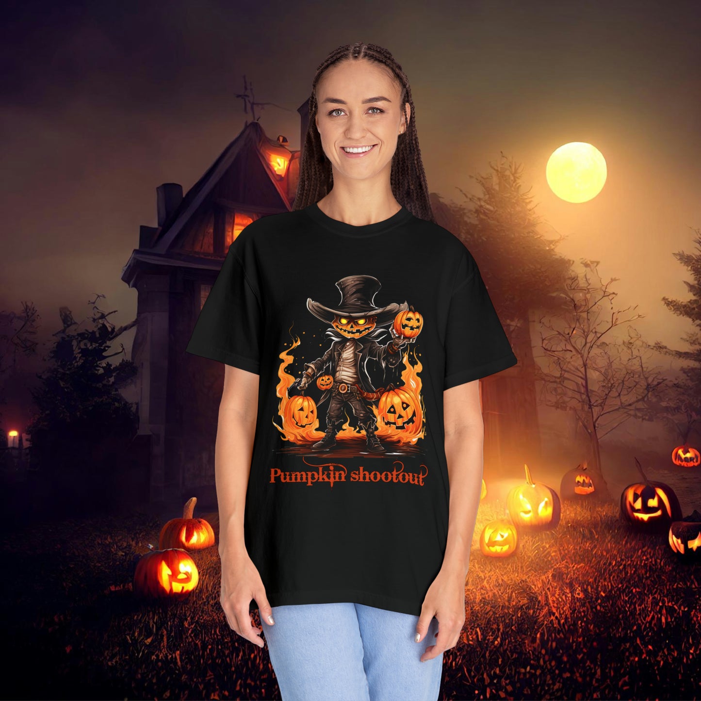 Cowboy Skeleton Gunslinger Pumpkin Shoot Out Halloween Unisex Garment-Dyed T-shirt Gifts for her Gifts for him