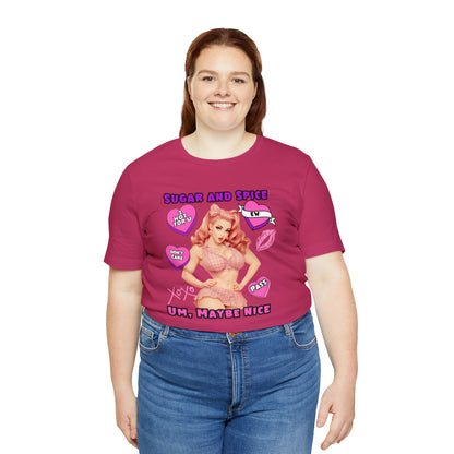 Sarcastic Elegance: Vintage Pink Pinup Girl "Sugar and Spice" on a Bella+Canva 3001 Unisex Jersey T-Shirt - A Must-Have Gift for her