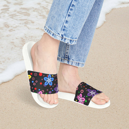 Good Times Good Vibes Feeling Groovy Retro Colorful Flowers Women's PU Slide Sandals