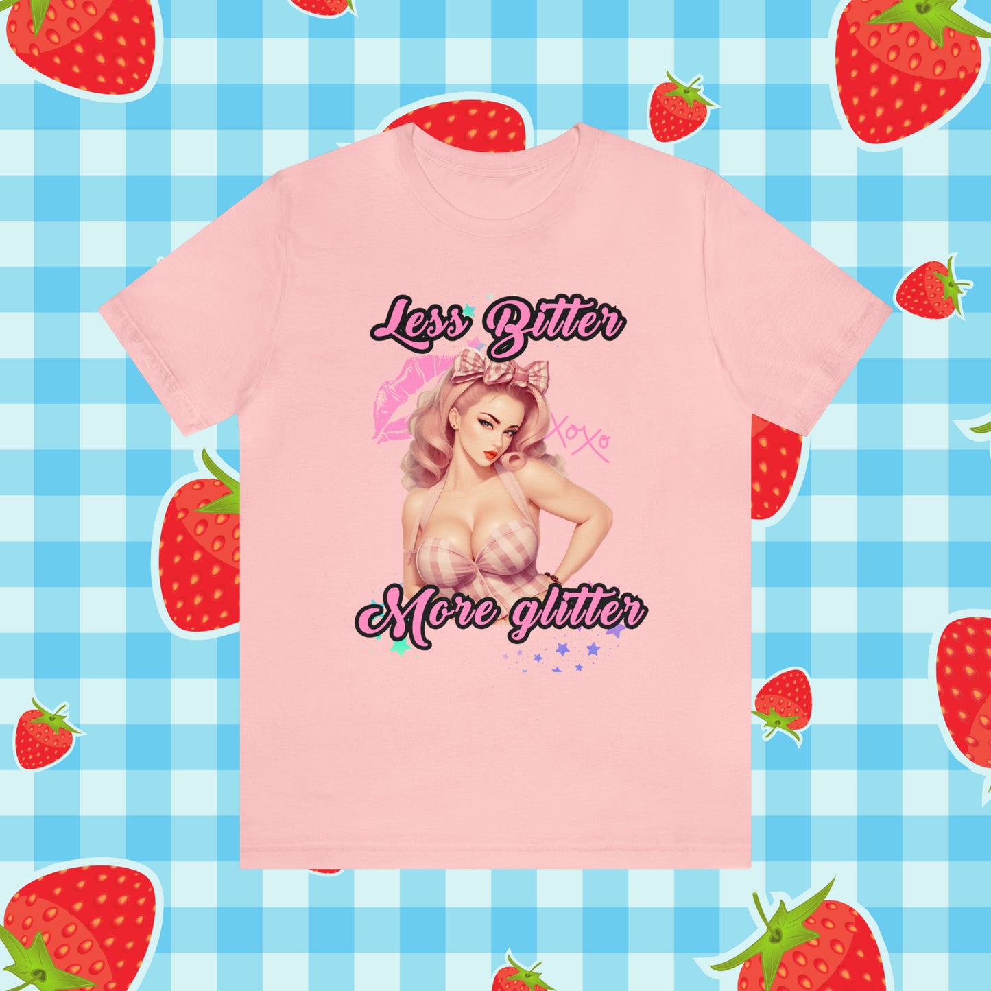 Vintage Pink Pinup Girl "Less Bitter More Glitter" on a Bella+Canva 3001 Unisex Jersey T-Shirt - A Must-Have Gift for her