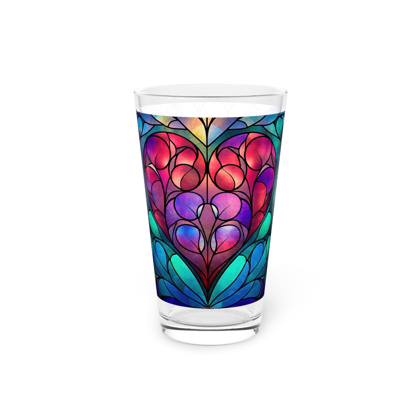 Love in Full Spectrum: A Vibrant Rainbow Heart Stained Glass artwork on a 16oz Pint Glass Gift idea gifts for home decor housewarming gift