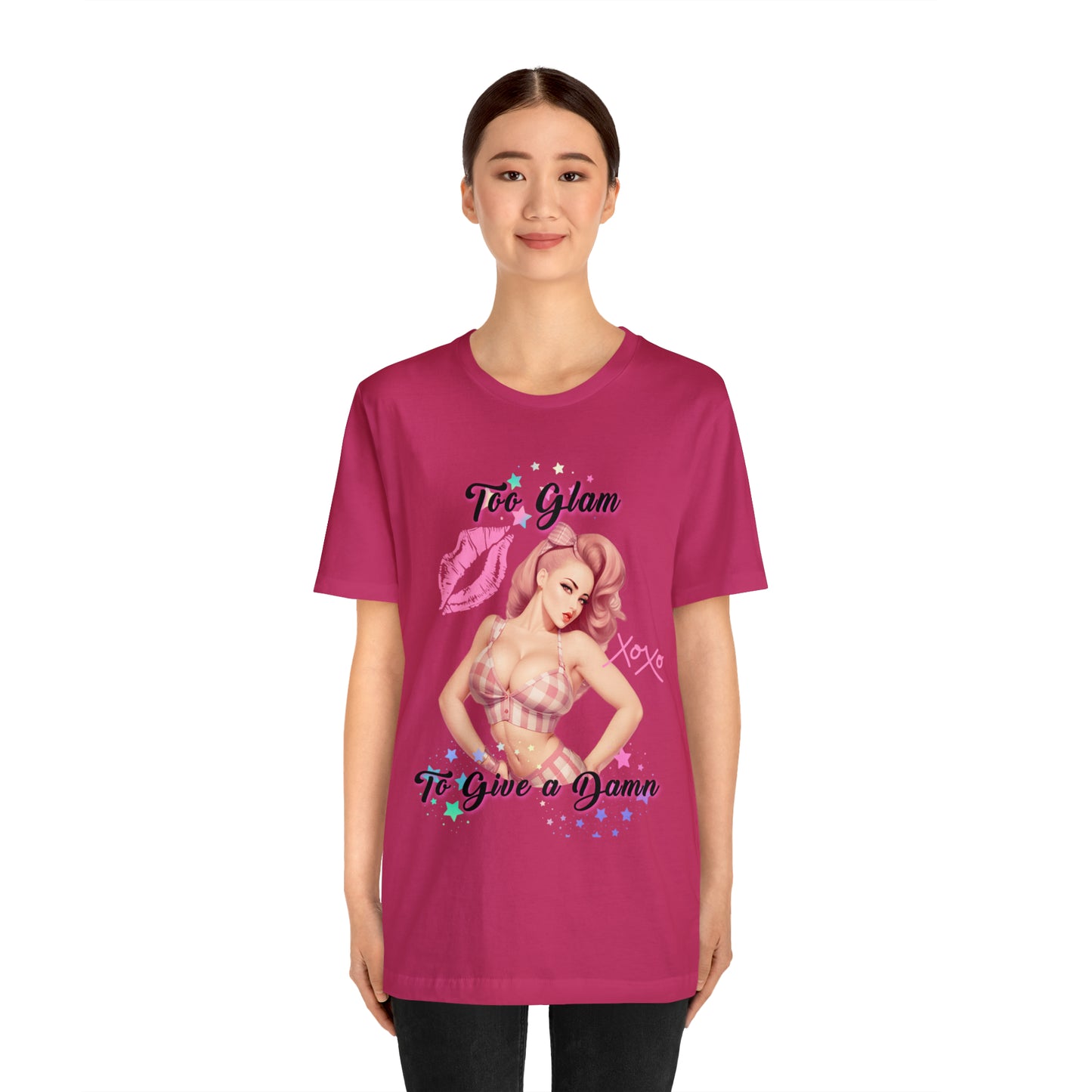 Vintage Pink Pinup Girl "Too Glam To Give a D*mn" on a Bella+Canva 3001 Unisex Jersey T-Shirt - A Must-Have Gift for her