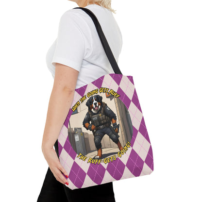 Bernese Mountain Dog Tote Bag | AOP Purple Rhombus Pattern | 'When the Going Gets Ruff, the Ruff Get Going' SWAT Gear Dog Art