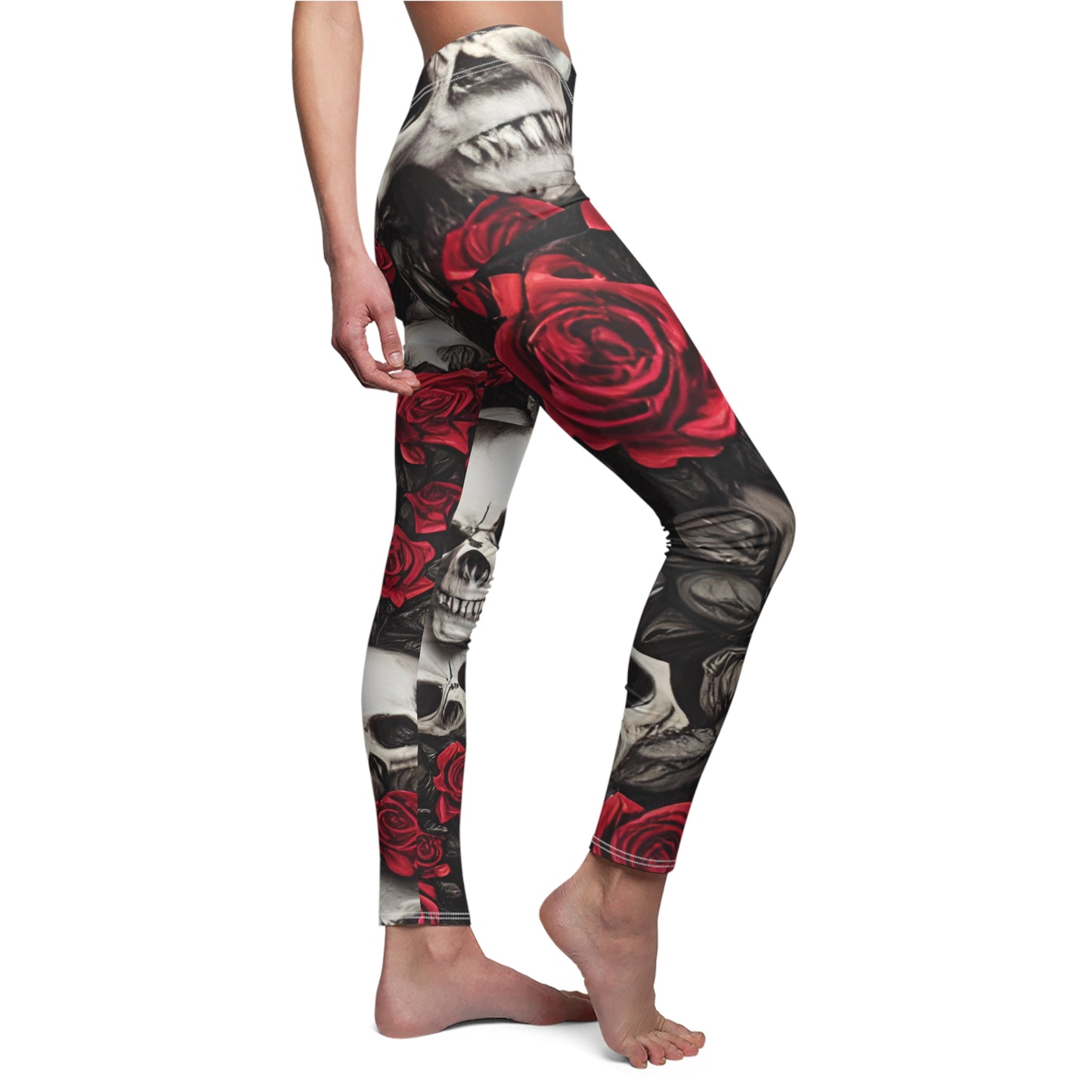 Hyper Realistic Skulls and Red Roses by artist Anne-Laure Goupil Women's Cut & Sew Casual Leggings (AOP)