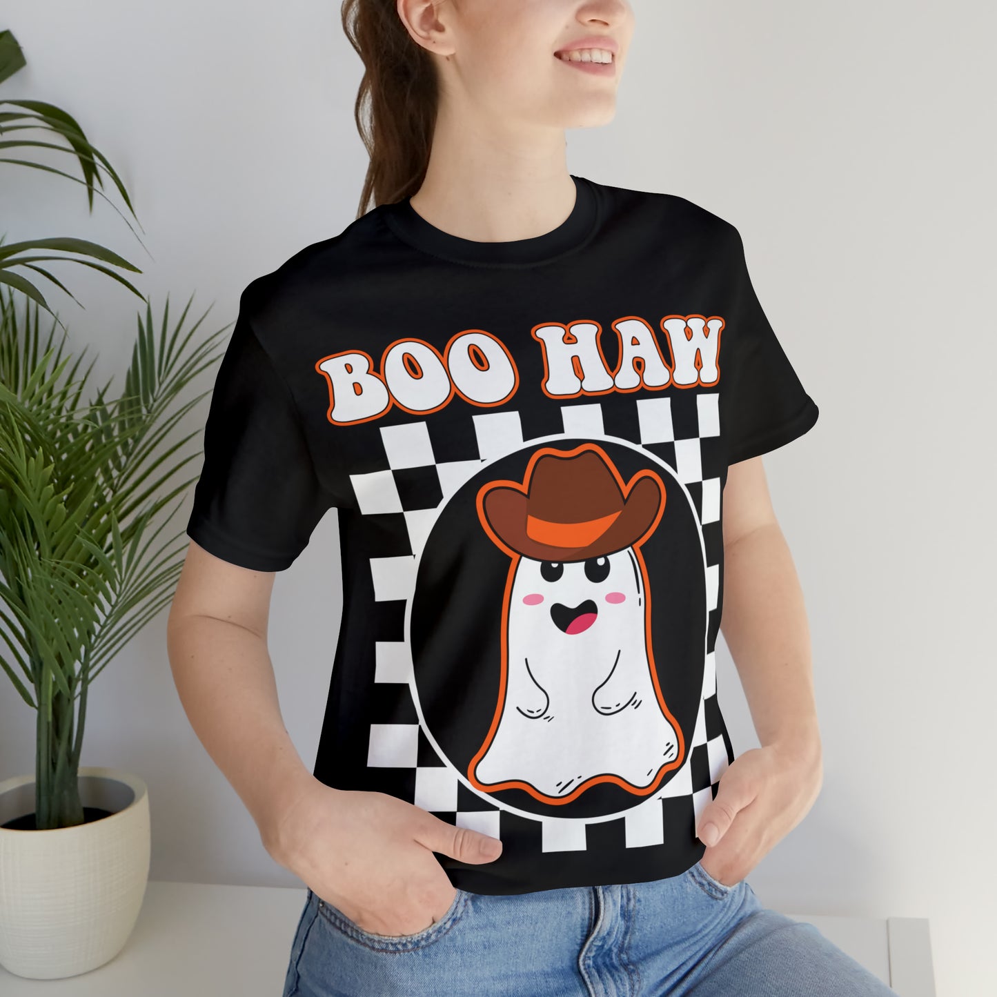 Cute Cowboy Ghost Saying Boo Haw Retro Groovy Western Halloween Unisex Jersey Short Sleeve Tee Gifts for Him Gifts For Her